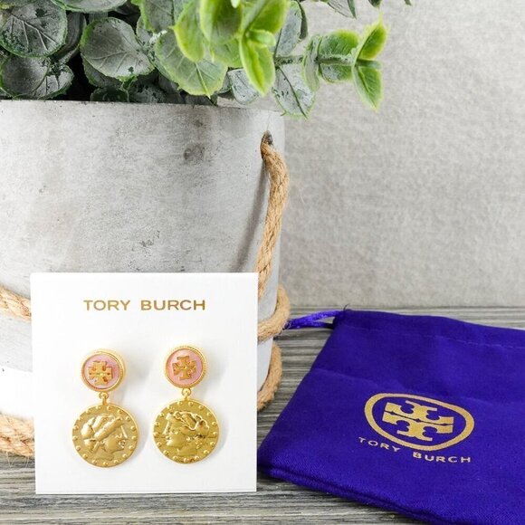 Tory Burch Mother of Pearl Logo Coin Medallion Drop Earrings Pink/Tory Gold OS - Picture 5 of 12
